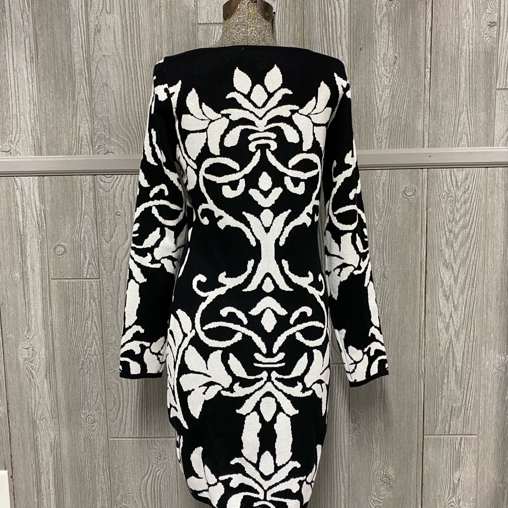 Damask Print Black & White Sweater Dress Size L - Picture 3 of 7